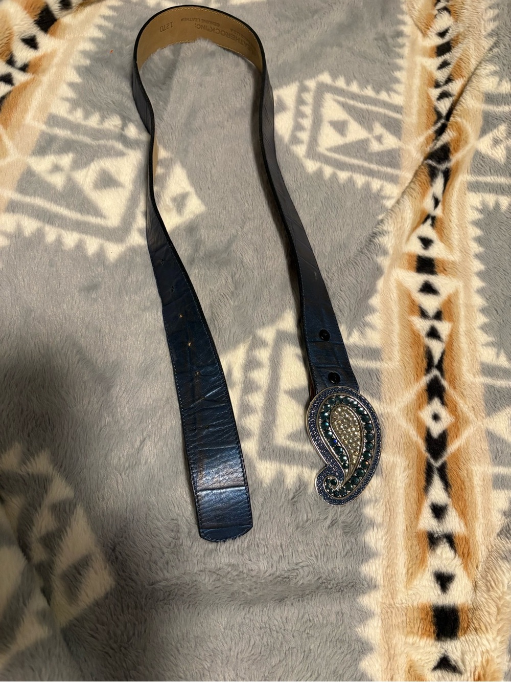 Leatherock Navy Leather Belt with Paisley Crystal Buckle